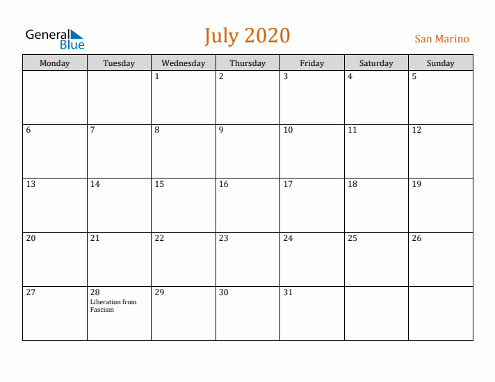 July 2020 Holiday Calendar with Monday Start