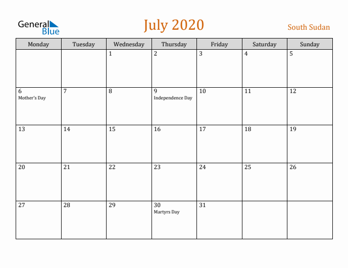 July 2020 Holiday Calendar with Monday Start