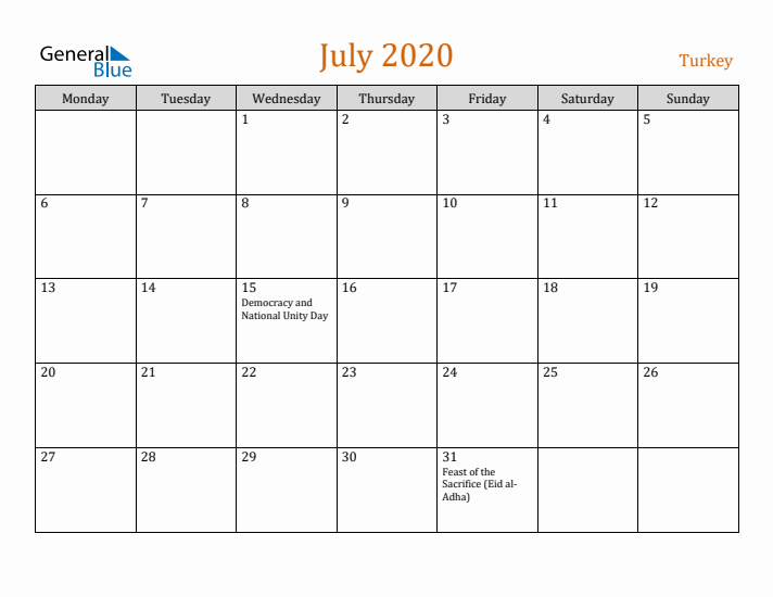 July 2020 Holiday Calendar with Monday Start