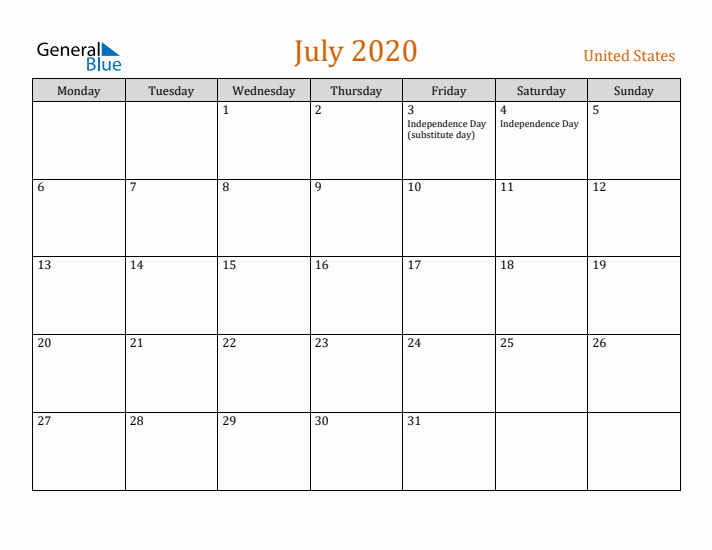 July 2020 Holiday Calendar with Monday Start