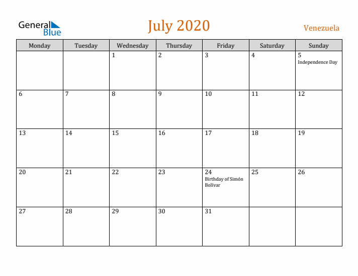 July 2020 Holiday Calendar with Monday Start