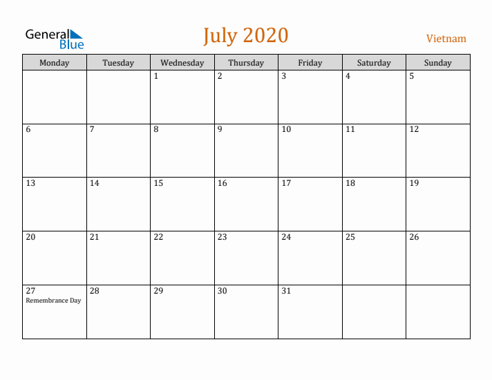 July 2020 Holiday Calendar with Monday Start