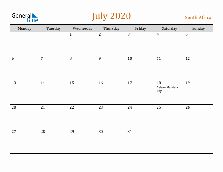 July 2020 Holiday Calendar with Monday Start