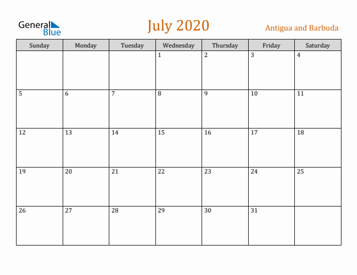 July 2020 Holiday Calendar with Sunday Start