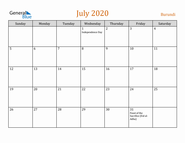 July 2020 Holiday Calendar with Sunday Start