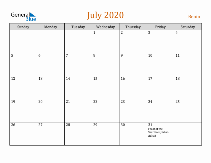 July 2020 Holiday Calendar with Sunday Start