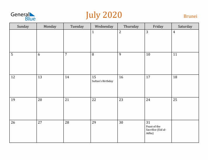 July 2020 Holiday Calendar with Sunday Start