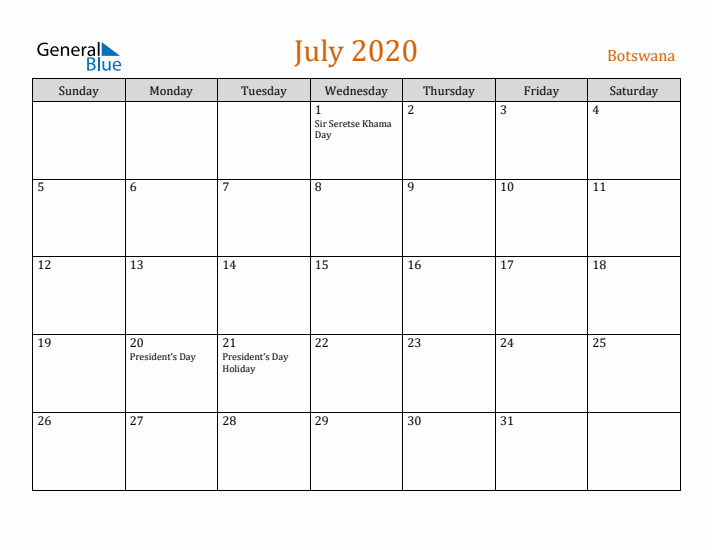 July 2020 Holiday Calendar with Sunday Start