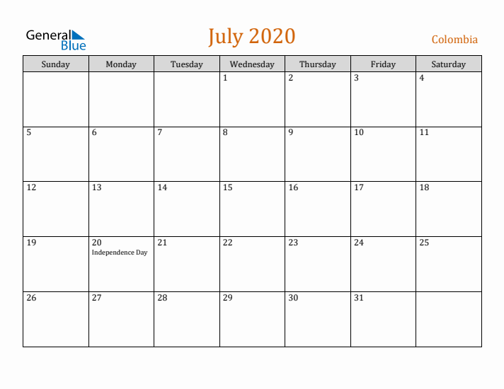 July 2020 Holiday Calendar with Sunday Start