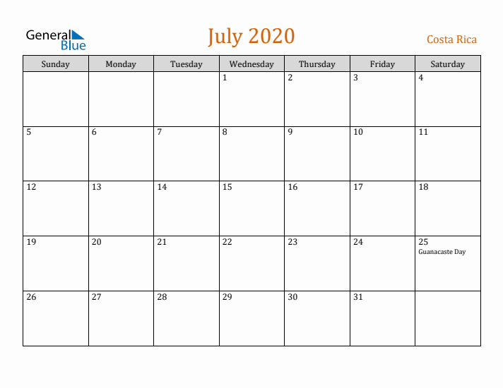 July 2020 Holiday Calendar with Sunday Start