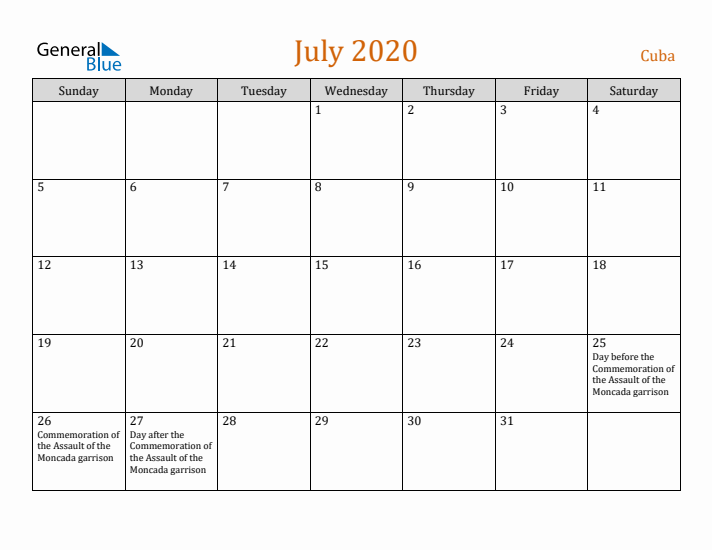 July 2020 Holiday Calendar with Sunday Start