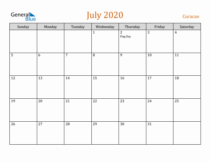 July 2020 Holiday Calendar with Sunday Start