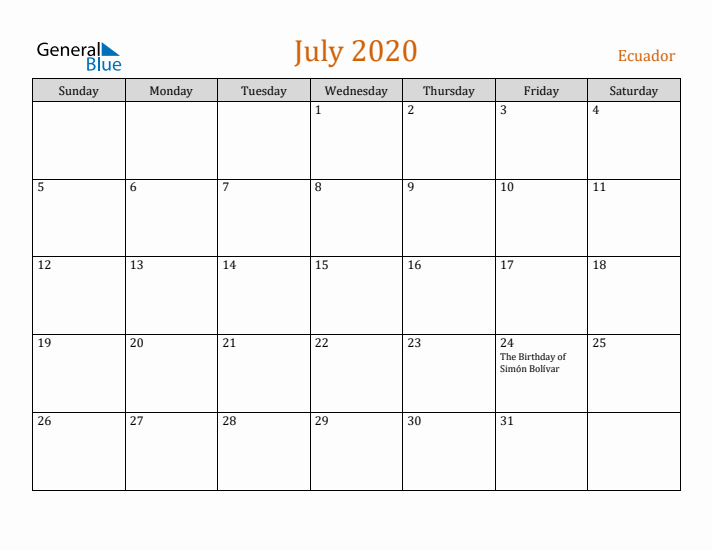 July 2020 Holiday Calendar with Sunday Start