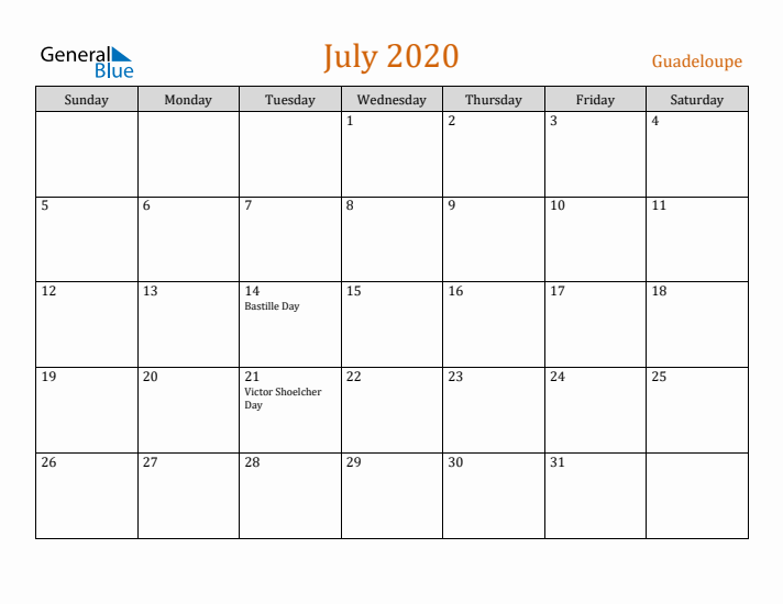 July 2020 Holiday Calendar with Sunday Start