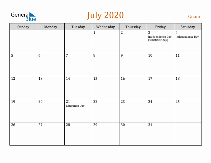 July 2020 Holiday Calendar with Sunday Start