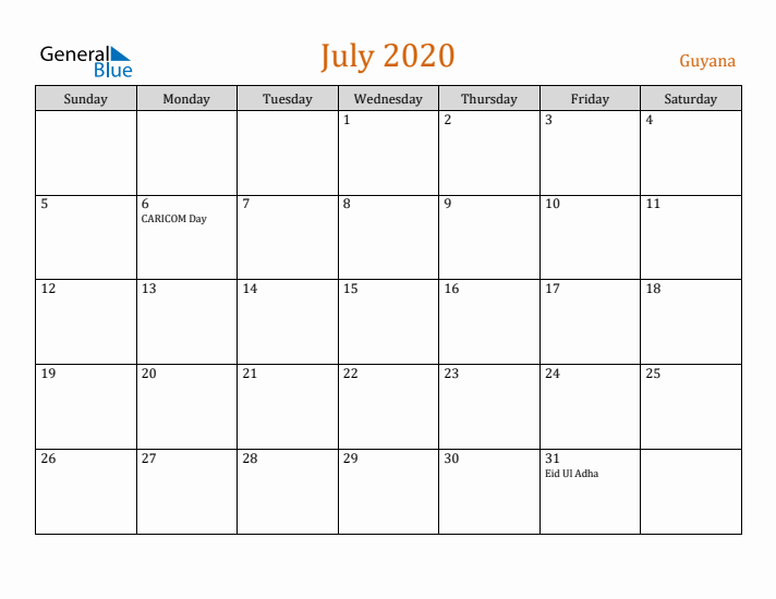 July 2020 Holiday Calendar with Sunday Start