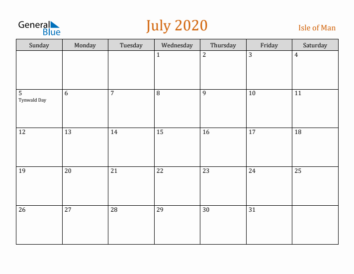 July 2020 Holiday Calendar with Sunday Start