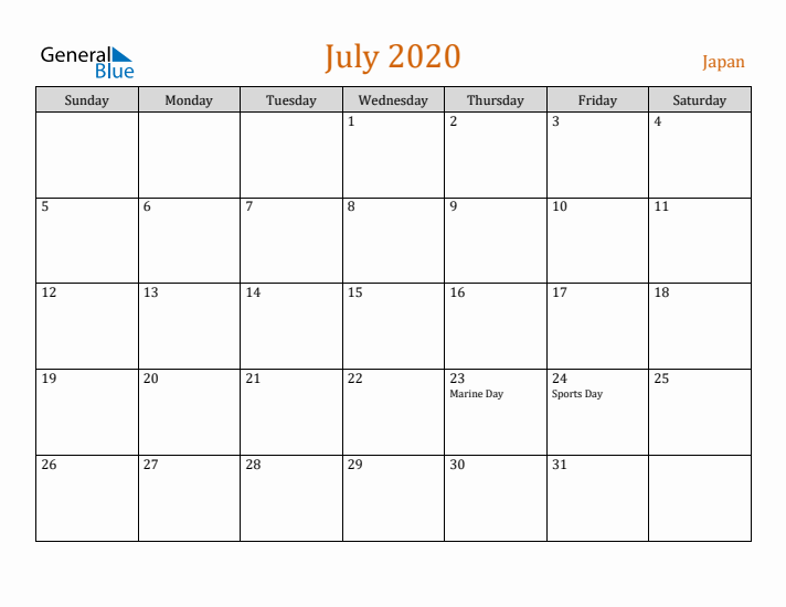 July 2020 Holiday Calendar with Sunday Start