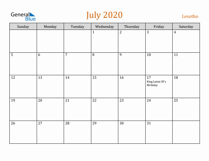 July 2020 Holiday Calendar with Sunday Start