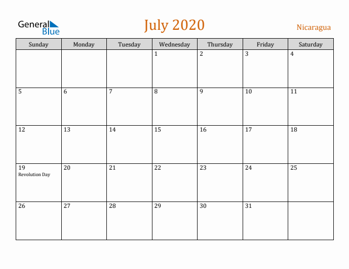 July 2020 Holiday Calendar with Sunday Start