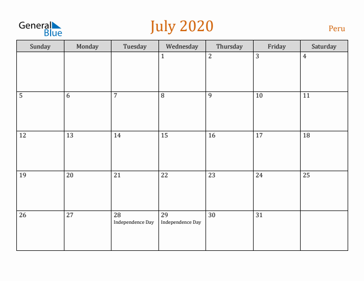 July 2020 Holiday Calendar with Sunday Start