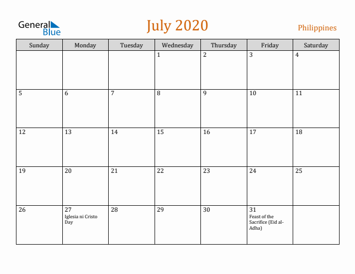 July 2020 Holiday Calendar with Sunday Start