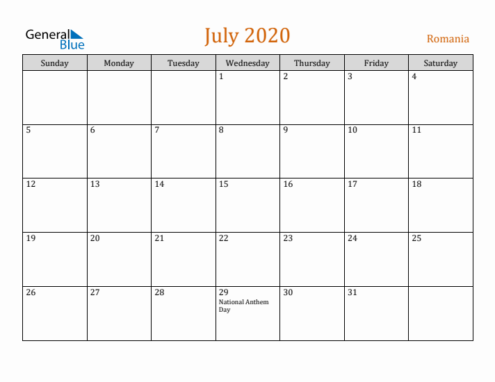 July 2020 Holiday Calendar with Sunday Start