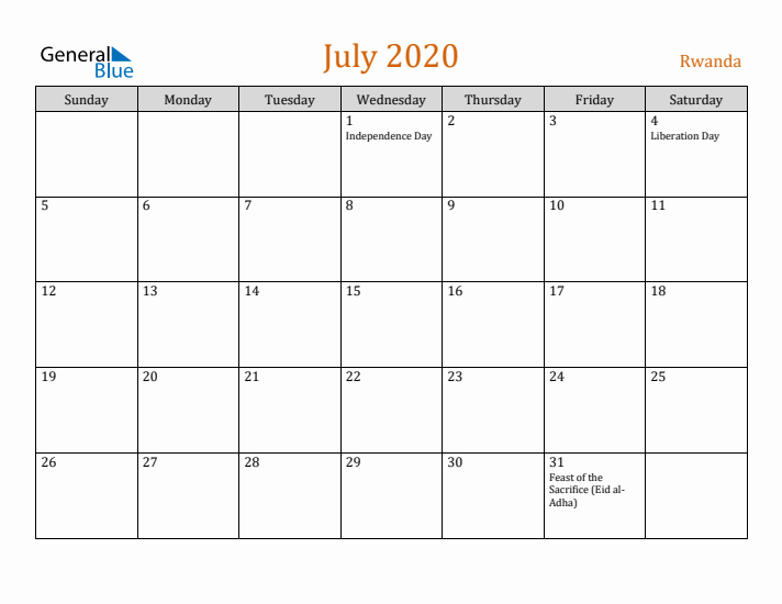 July 2020 Holiday Calendar with Sunday Start