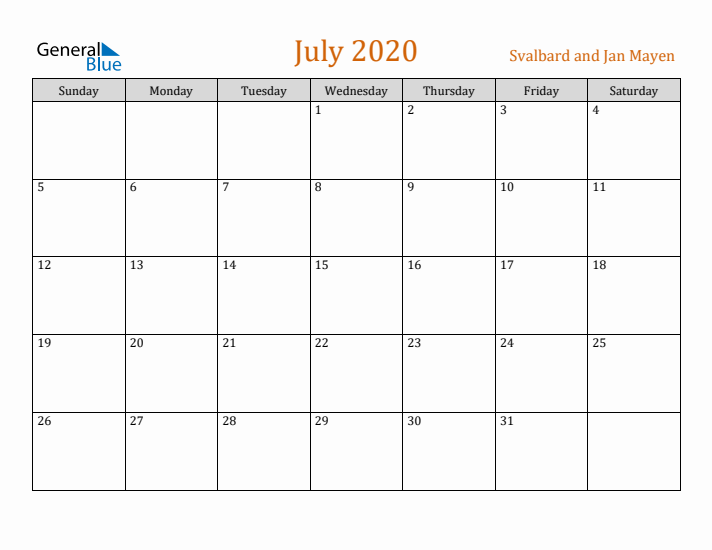 July 2020 Holiday Calendar with Sunday Start