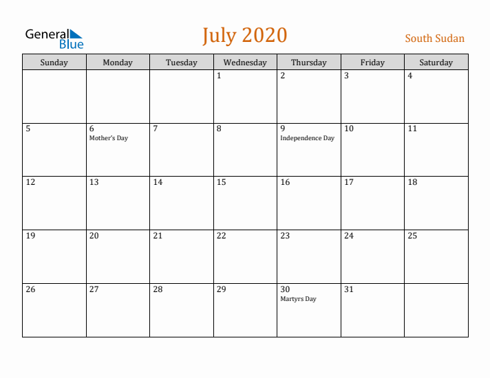 July 2020 Holiday Calendar with Sunday Start