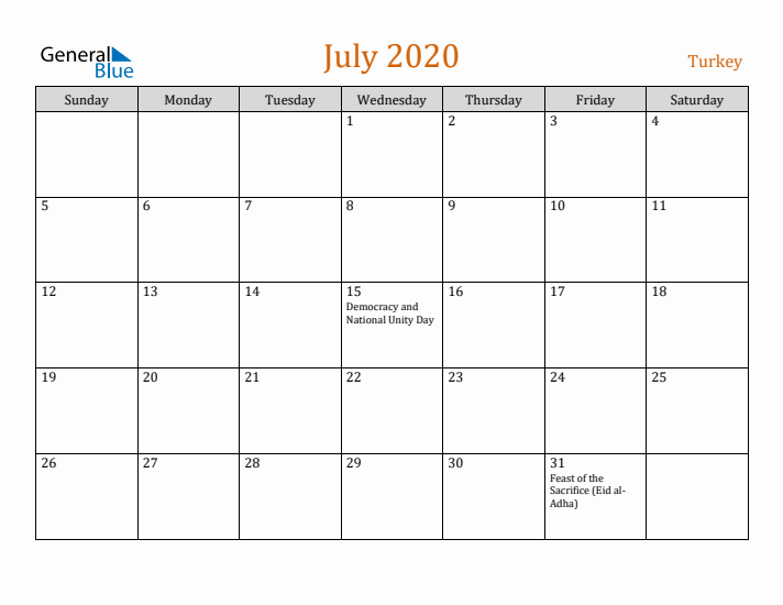 July 2020 Holiday Calendar with Sunday Start