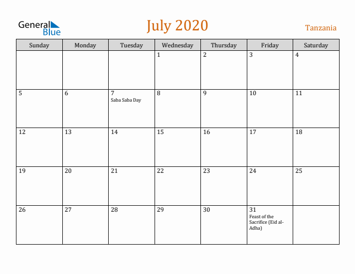 July 2020 Holiday Calendar with Sunday Start