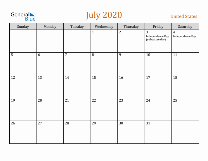 July 2020 Holiday Calendar with Sunday Start