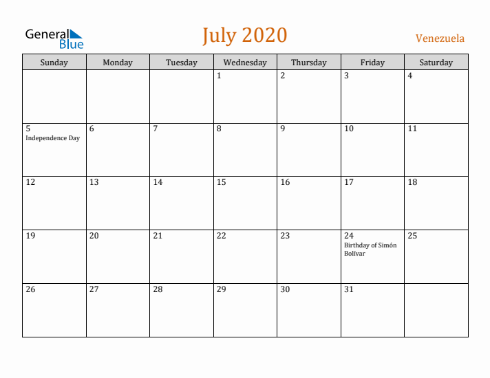 July 2020 Holiday Calendar with Sunday Start