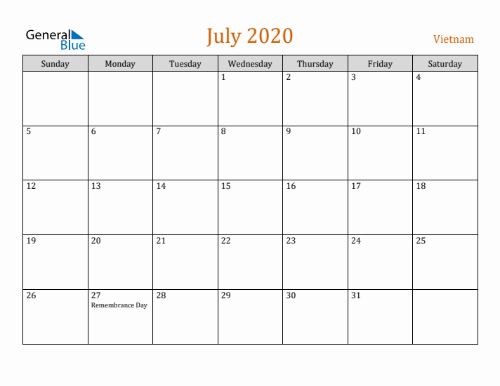 July 2020 Holiday Calendar with Sunday Start