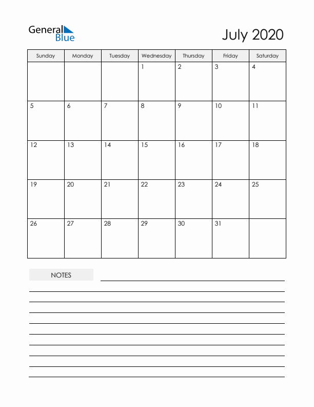 Printable Calendar with Notes - July 2020 