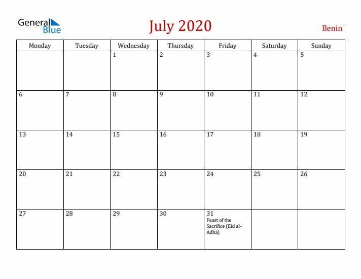 Benin July 2020 Calendar - Monday Start