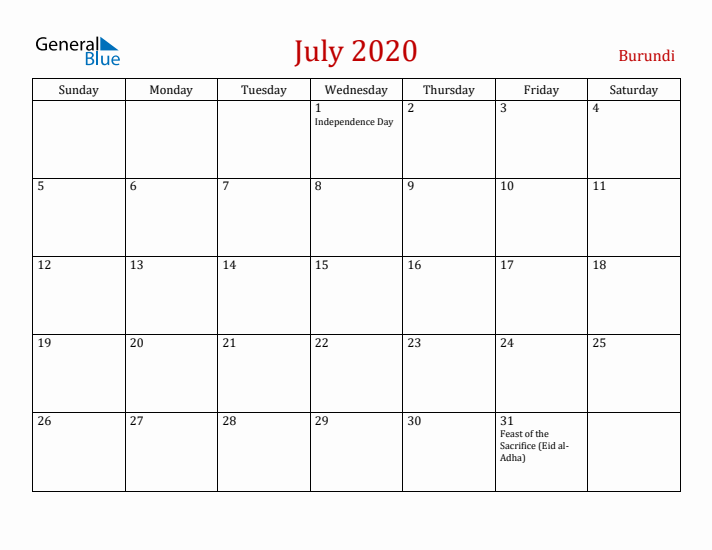 Burundi July 2020 Calendar - Sunday Start