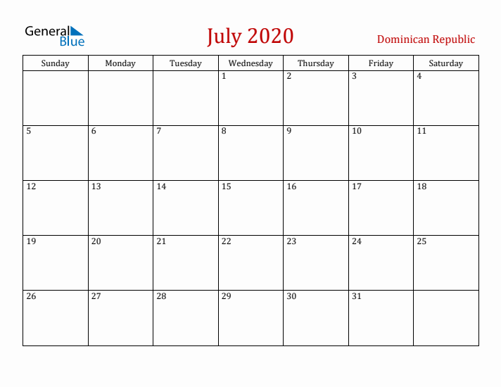 Dominican Republic July 2020 Calendar - Sunday Start