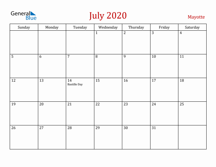 Mayotte July 2020 Calendar - Sunday Start