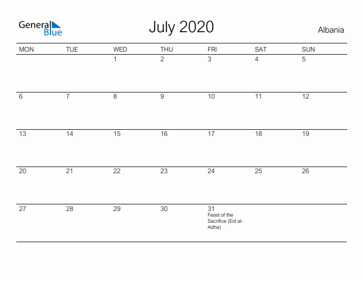 Printable July 2020 Calendar for Albania