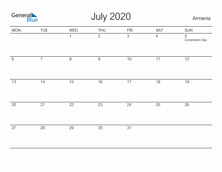 Printable July 2020 Calendar for Armenia