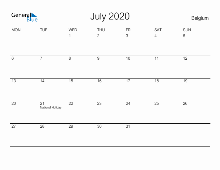 Printable July 2020 Calendar for Belgium