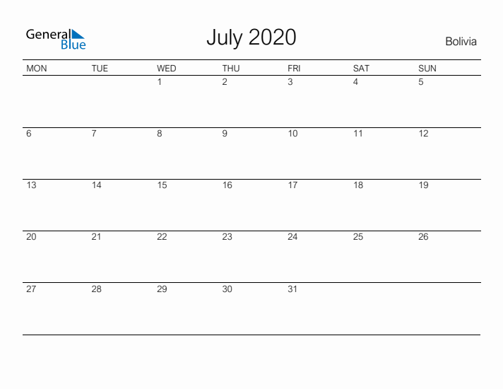 Printable July 2020 Calendar for Bolivia