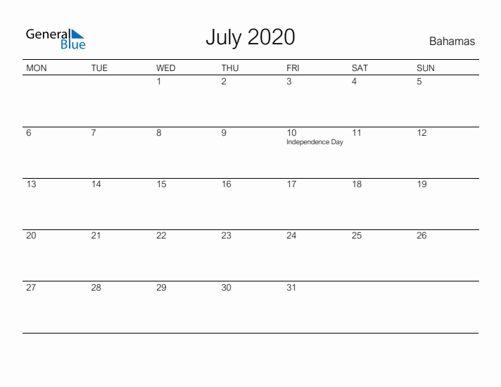 Printable July 2020 Calendar for Bahamas