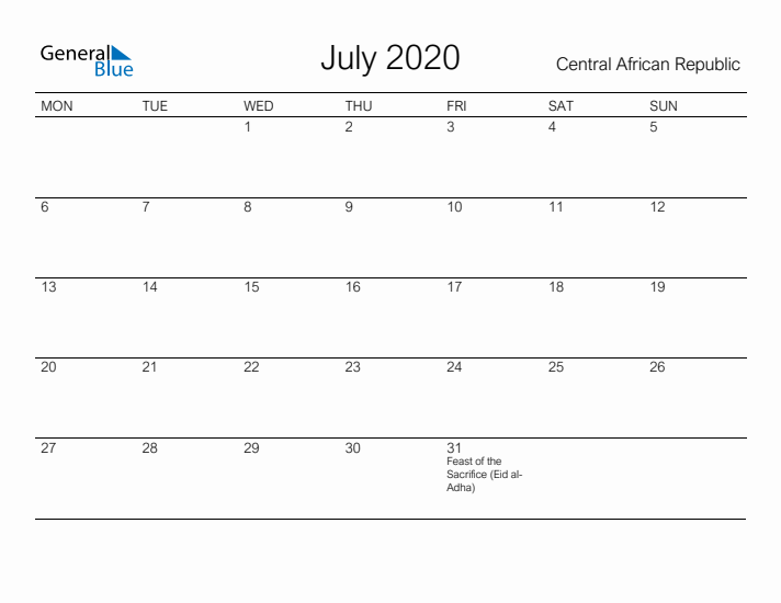 Printable July 2020 Calendar for Central African Republic