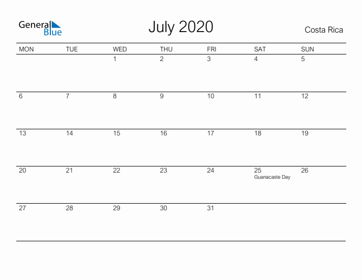 Printable July 2020 Calendar for Costa Rica