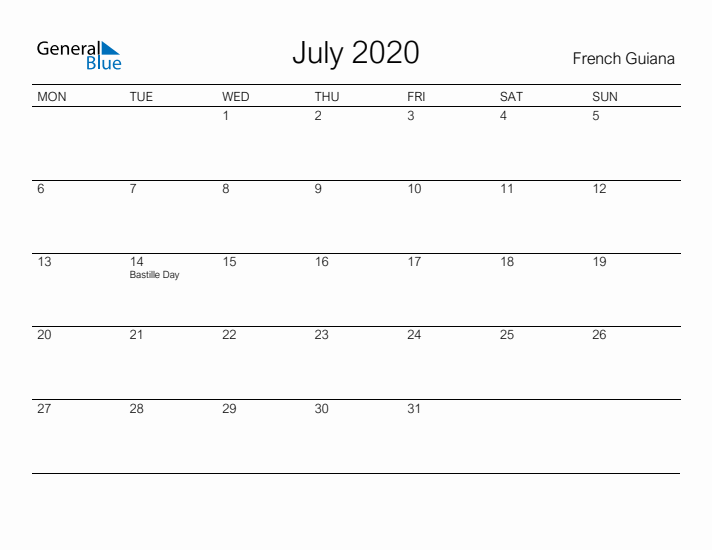 Printable July 2020 Calendar for French Guiana