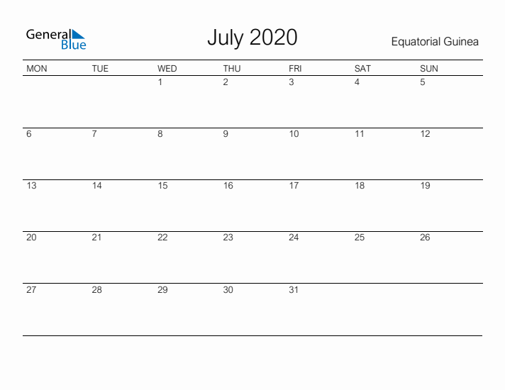 Printable July 2020 Calendar for Equatorial Guinea