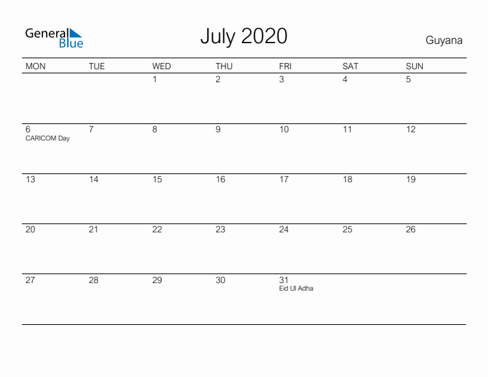 Printable July 2020 Calendar for Guyana